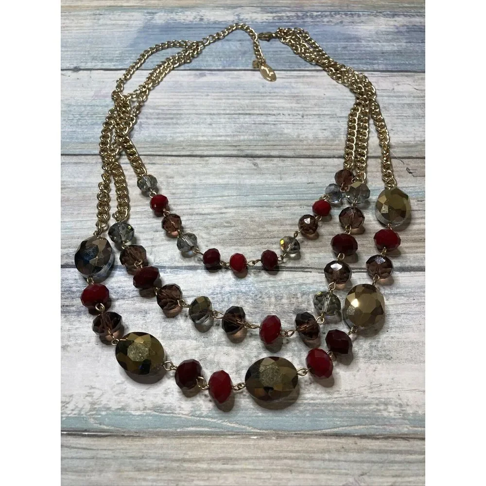 Jules Multi-layer‎ Red Ab Crystal Beads Gold Tone Chain Necklace 22